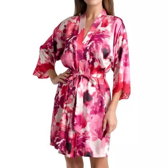 Linea Donatella Greer Satin Charmeuse Lace Trimmed Rose Robe NWT Sz S/M - Picture 2 of 7